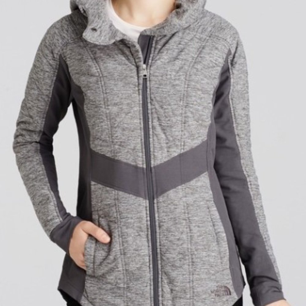 North Face Gray Pseudio Long Hooded Hybrid Jacket Quilted Full Zip Size S